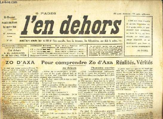L'EN DEHORS - N191 - FIN SEPTEMBRE 1930 - POUR COMPRENDRE ZO D'AXA - UNE INTERPRETATION DE L'ANARCHISME INDIDUALISTE