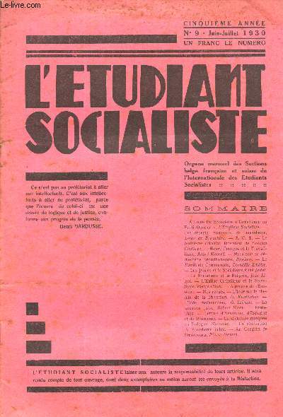 L'ETUDIANT SOCIALISTE - 5EME ANNEE - N9 - JUIN-JUILLET 1930