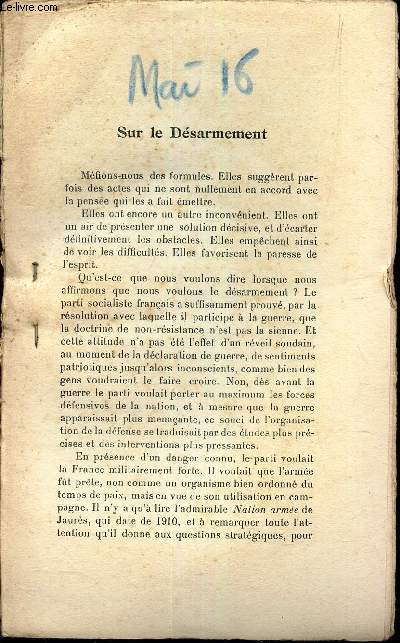 L'AVENIR - extrait de Mai 1916 : SUR LE DESARMEMENT.