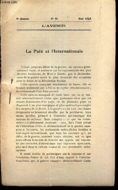 L'AVENIR - extrait de81 - Mai 1923 / LA PAIX ET L'INTENRATIONALE.