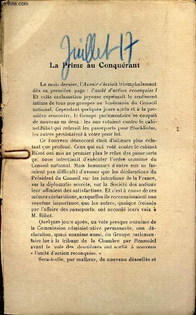 L'AVENIR - extrait de JUILLET 1917 / LA PRIME AU CONQUERANT.