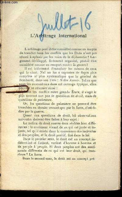 L'AVENIR - extrait de JUILLET 1916 / L'ARBITRAGE INTERNATIONAL.