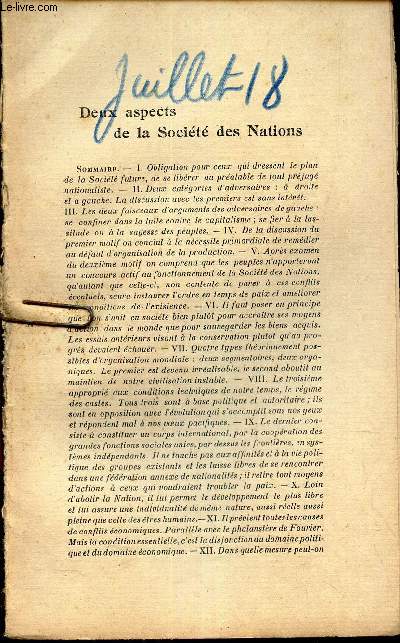 L'AVENIR - extrait de JUILLET 1918 / DEUX ASPECTS DE AL SOCIETE DES NATIONS.