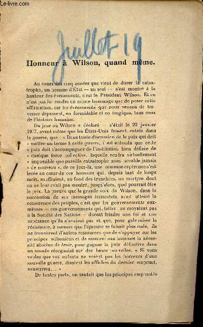 L'AVENIR - extrait de JUILLET 1919 / HONNEUR A WILSON, QUAND MEME.