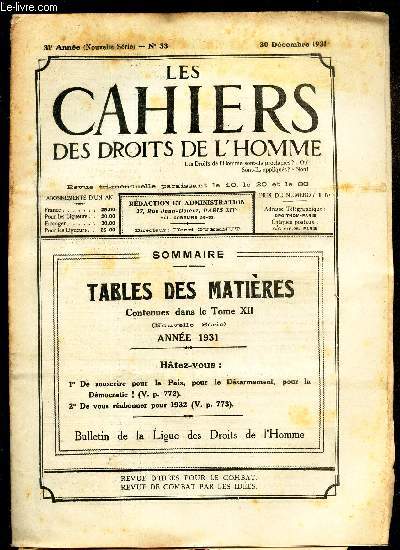 LES CAHIERS DES DROITS DE L'HOMME - N33 - 30 dec 1931 / TABLE DES MATIERES - contenues dans le tome XII - ANNEE 1931.