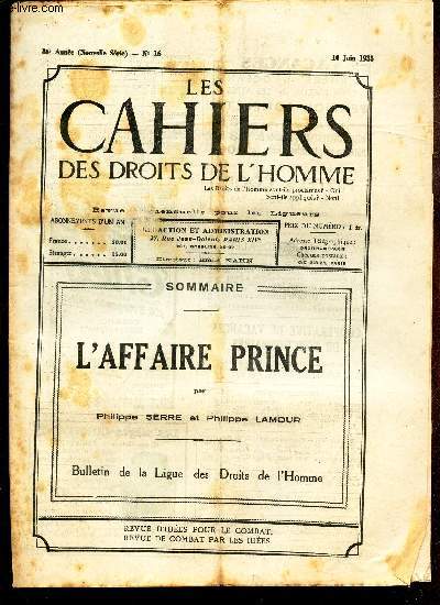 LES CAHIERS DES DROITS DE L'HOMME - N16 - 10 juin 1935 / L'AFFAIRE PRINCE.
