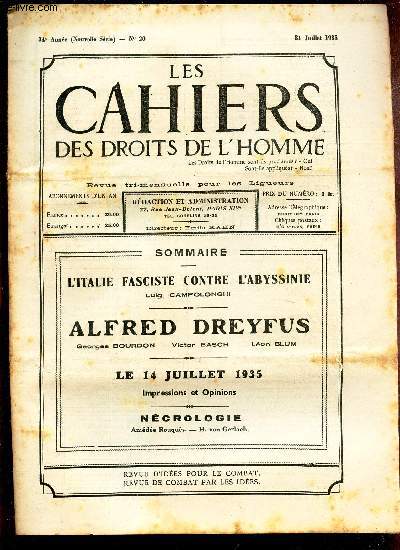 LES CAHIERS DES DROITS DE L'HOMME - N20 - 31 juil 1935 / L'ITALIE FASCISTE CONTRE L'ABBYSSINIE / ALFRED DREYFUS / LE 14 JUILLET 1935 / NECROLOGIE.