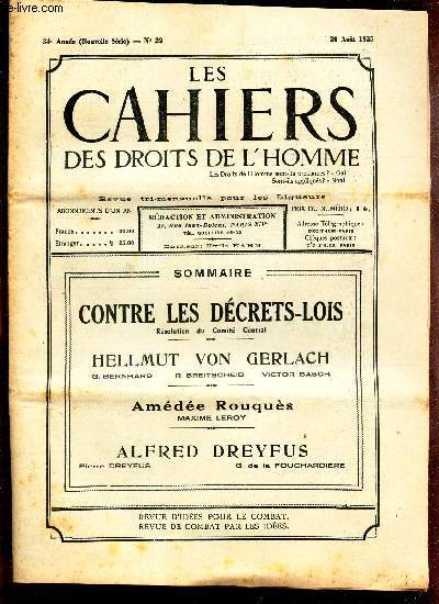 LES CAHIERS DES DROITS DE L'HOMME - N22 - 20 aout 1935 / CONTRE LES DECRETS-LOIS - resolution du comit Central / HELLMUT VON GERLACH / AMEDEE ROUQUES / ALFRED DREYFUS.