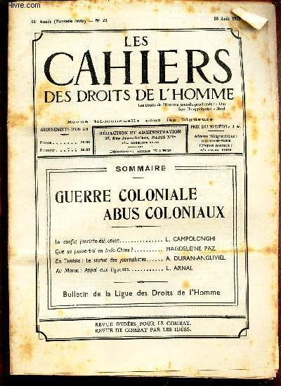 LES CAHIERS DES DROITS DE L'HOMME - N23 - 30 aout 1935 / GUERRE COLONIALE ABUS COLONIAUX.