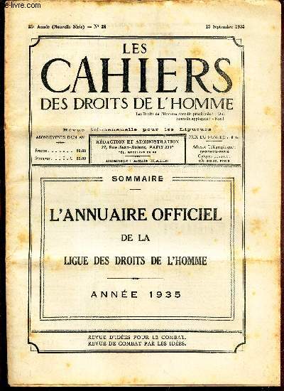 LES CAHIERS DES DROITS DE L'HOMME - N24 - 15 sept 1935 / L'ANNUAIRE OFFIICEL DE LA LIGUE DES DROITS DE L'HOMME - ANNEE 1935.