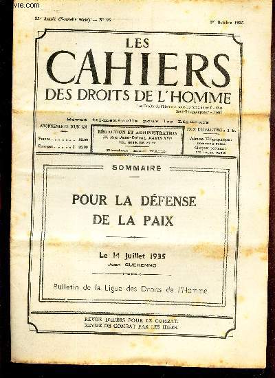 LES CAHIERS DES DROITS DE L'HOMME - N25 - 1er octobre 1935 /POUR LA DEFENSE DE LA PIX - LE 14 JUILLET 1935.