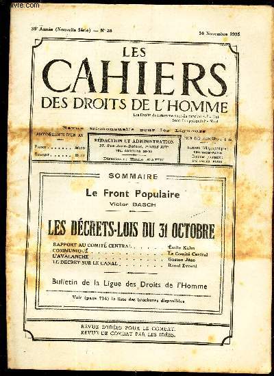 LES CAHIERS DES DROITS DE L'HOMME - N28 - 10 nov 1935 / LE FRONT POPULAIRE / LES DECRETS-LOIS DU 31 OCTOBRE.