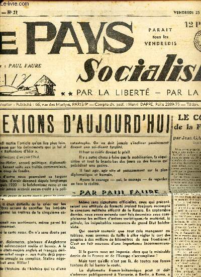 LE PAYS SOCIALISTE - N21- 25 aout 1939/ Reflexions d'aujourd'hui / Le code de la famille / Main tendue  hitler etc...
