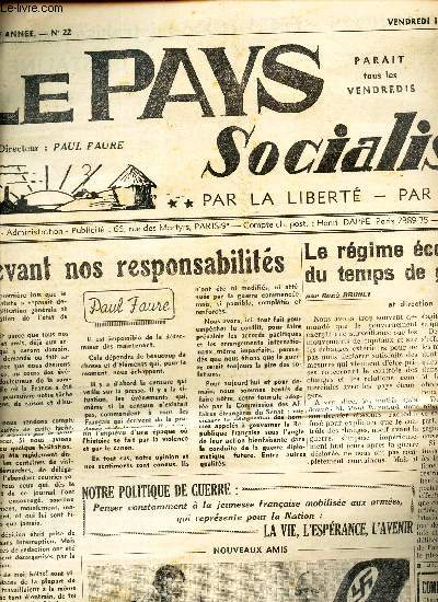 LE PAYS SOCIALISTE - N22 - 15 sept 1939 / Devant nos responsabilits / Le regime economique du temps de guerre / etc...