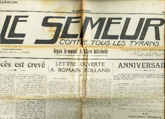 LE SEMEUR contre tous les tyrans - N263 - 26 janv 1935 / L'avcs est crev / Lettre ouverte a Romain rolland / Anniversaire / Esclavage / Notre numero FERRER etc...