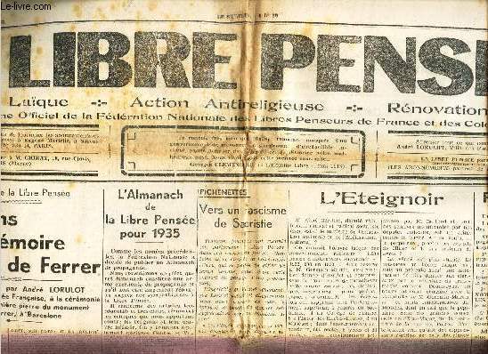 LA LIBRE PENSEE - N°32 - Sept 1934 / Celebrons la memoire de Ferrer / L'eteignoir / L'Almanach de la Libre Pensée pour 1935 / Propagande par le theatre / Bienvenue! etc...