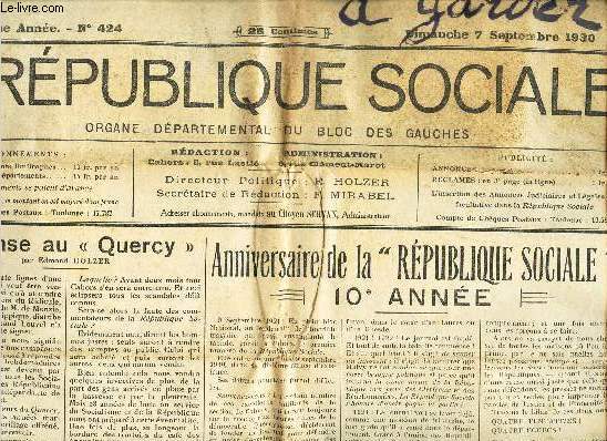 LA REPUBLIQUE SOCIALE - N424 - (10e anne) - 7 sept 1930 / Reponse au Quercy / anniversaire de la