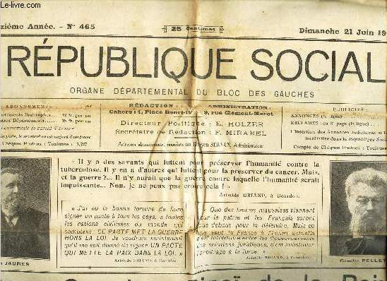 LA REPUBLIQUE SOCIALE - N465 - 21 juin 1931 / Dans gourdon, Sina de la paix / Conference de M Contou etc...