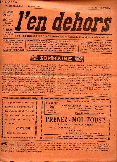 L'EN DEHORS - N204-205 - 15 avril 1931 / L'association Mackay / Le jour tourne au violet / Coup d'oeil retrospectif sur la question de population etc...