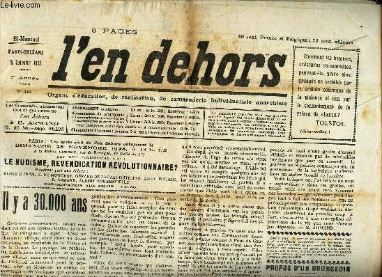 L'EN DEHORS - N143 - fin sept 1928 / IL Y A 30.000 ANS / LE MASQUE QUI RAYONNE / LEON TOLSTOI: ELOGE DE LA VANITE etc...