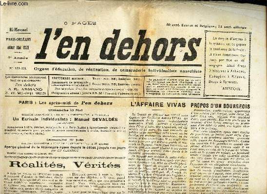 L'EN DEHORS - N133-134 - debut mai 1928 / L'AFFAIRE VIVAS / DE LA SAGESSE / EN MARGE DE LA CAMPAGNE / LE PETREL Etc...