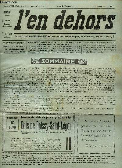 L'EN DEHORS - N270- mi mai 1934/ Le prejug de 'age/ , 10 ans apres, une conception sexualiste/ non comprendre enfin, non conformisme et extravagance/ Le poulet etc..