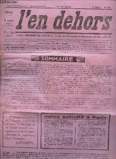 L'EN DEHORS - N276- mi-nov 1934 / Oui, c'est l'automne aoutour de nous/ L'hybride de l'homme et du singe (suite) / Le mariage/ Le marquis de Sade, libre penseur et non conformiste (3)/ L'impulsion sexuelle chez la femme et la menstruation etc....