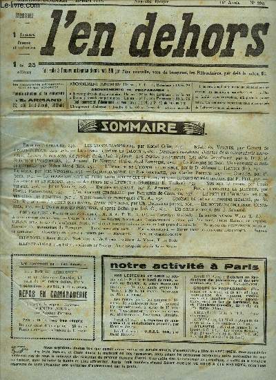 L'EN DEHORS - N280- mi mars 1935/ Les grands blasphemes/Danseurs mondains/ Lueurs de bons sens, le prejugs de la chair a plaisir; les drames passionnels/ Le pere incestueux etc...