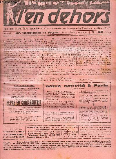 L'EN DEHORS - N292 - mi mars 1936/ Souvenirs sur Brook Farm (2)/ Les soulageuses/ Reponse a divers correspondants, monogamie, plurigamie, hypocrsie sexuelle, l'article 309/ Le prefere l'amour/Jusqu'a quand tiendra la Chine contre le Japon de l'Europe ..