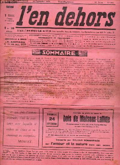 L'EN DEHORS - N262- mi sept 1933 / Remaniement de nos associations/ Ephemedrides de la tragedie sexuelle/ Banville d'Hotel/ L'independance de la femme etc...