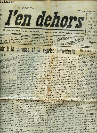L'EN DEHORS - N161 - fin juin 1929 / LE DROIT A LA PARESSE ET LA REPRISE INDIVIDUELLE / LA TRAGEDIE BULGARE / GYMNOMYSTIQUE / REUBEN D'UZ etc..