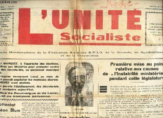 L'UNITE SOCIALISTE - N112 - 22 fevrier 1936 / Apres l'attentat contre Leon blum / Premiere mise au point relative aux causes de l'