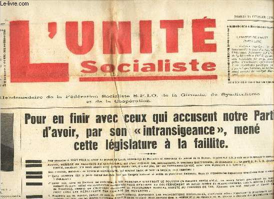 L'UNITE SOCIALISTE - N111 - 15 fevrier 1936 / Pour en finir avezc ceux qui accusent notre Parti d'voir, pr son 