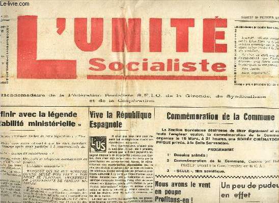 L'UNITE SOCIALISTE - N113 - 29 fevrier 1936 / Pour en finir avec la legende de 