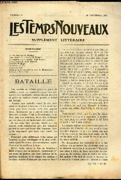 LES TEMPS NOUVEAUX - supplement litteraire - TOME 7e - N31/ Bataille/ Autre bienfait de la Guerre/ De quelqu'un qui s'y connait/ Jeux de brutes/ LA Gloire/ LA richesse du tsar/ L'esprit des Lois/ Quelques cas de criminalit juvnile/ Melanges et document