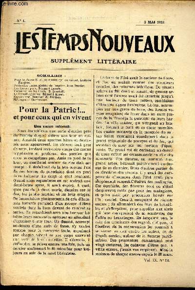 LES TEMPS NOUVEAUX - supplement litteraire - TOME 9e - N1/ Pour la patrie! et pour ceux qui en vivent/ Pretendue immutabilit de l'espece/ Les coeurs purs/ Comment on les traite/ Le travail agreable/ encore vrai/ Melanges et documents.