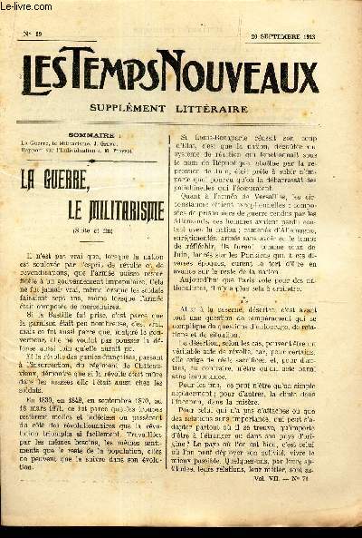 LES TEMPS NOUVEAUX - supplement litteraire - TOME 7e - N19/ LA GUERRE ET LE MILITARISME (suite et fin) / RAPPORT SUR L'INDIVIDUALISME