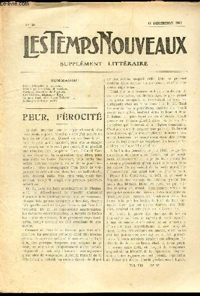 LES TEMPS NOUVEAUX - supplement litteraire - TOME 7e - N30/ Peur, ferocit/ Menue philosophie/ Parlage, Boucher de Perthes/ Les savants/ Ce qu'il faut faire/ Melanges et documents.