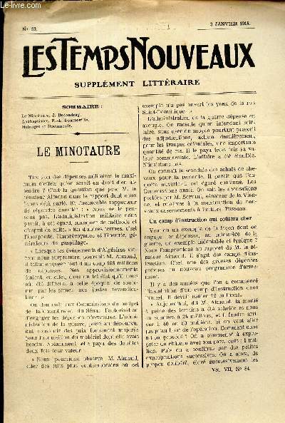 LES TEMPS NOUVEAUX - supplement litteraire - TOME 7e - N33/ Le Minotaure/ Anabaptistes/ Melanges et documents.