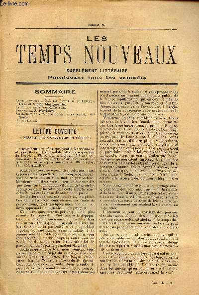 LES TEMPS NOUVEAUX - supplement litteraire - TOME 3e - N5/ Lettre ouverte a MM les Senateurs et deputs/ LA belle societ (suite)/ Brigandage/ Supplement au voyage de bougainville (suite)/ Bibliographie.