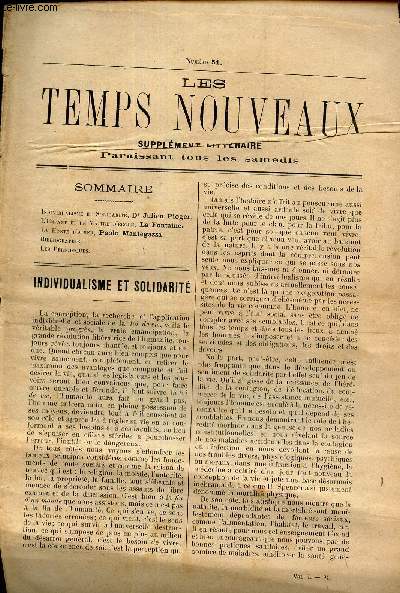 LES TEMPS NOUVEAUX - supplement litteraire - TOME 1er -N51/ Individualisme et solidarit/ L'enfant et le maitre d'ecole/ La honte d'aimer/ bibliographie/ Les periodiques.