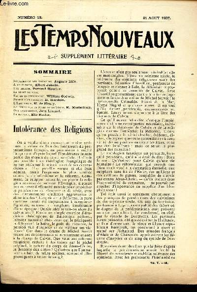 LES TEMPS NOUVEAUX - supplement litteraire - TOME 5eme -N18/ Intolerance dses religions/ A faux poids/Une impasse/Le droit du mari/Pas de gouvernement/Propos d'un parisien/L'emulation/ LA terre vue de Mars ou de Vnus/Des anarchistes/Le mariage.