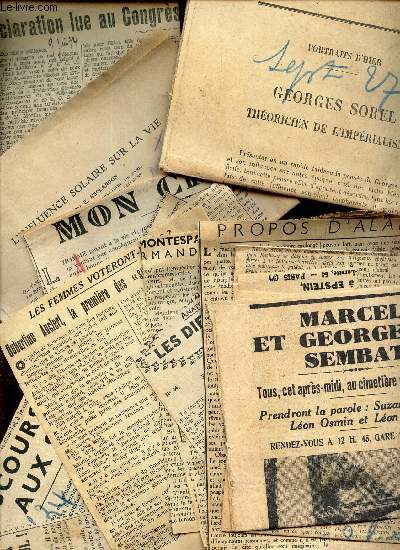 LOT DE NOMBREUSES COUPURES DE PRESSE TRAITANT DE : SUJETS DIVERS : G Sorel / Marcel et georgette Sembat/ Le sport / Les femmes voteront elle? / Discours aux sourds / Syndicalisme etc...