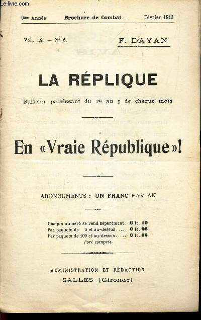 LA REPLIQUE - N2- Vol IX- 9e anne- fev 1913/ EN 
