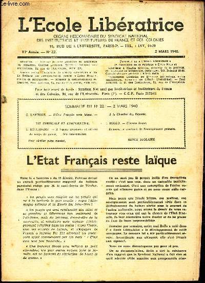 L'ECOLE LIBERATRICE - N22- 2 mars 1940/ L'ETAT FRANCAIS RESTE LAQUE etc...