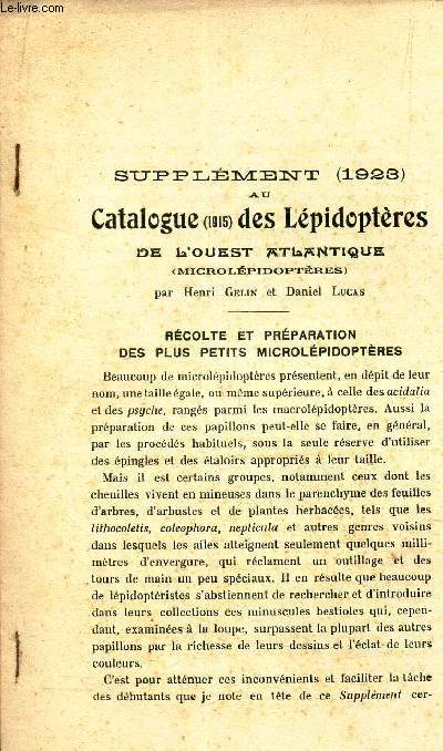 SUPPLEMENT (1923) AU CATALOGUEZ (1912) DES LEPIDOPTERES DE L'OUEST ATLANTIQUE (macrolpidopteres).