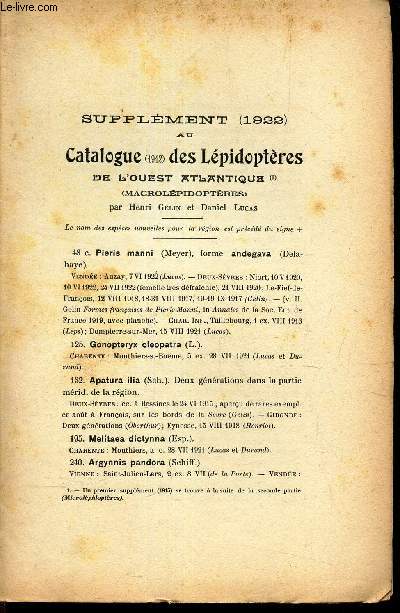 SUPPLEMENT (1922) AU CATALOGUEZ (1912) DES LEPIDOPTERES DE L'OUEST ATLANTIQUE (macrolpidopteres).