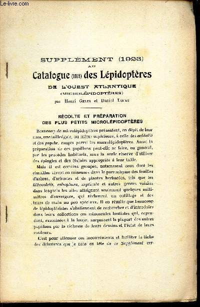 SUPPLEMENT (1923) AU CATALOGUEZ (1915) DES LEPIDOPTERES DE L'OUEST ATLANTIQUE (macrolpidopteres).