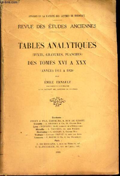 TABLES ANALYTIQUES (texte, gravures, planches) DES TOMES XVI A XXX (annes 1914  1928).