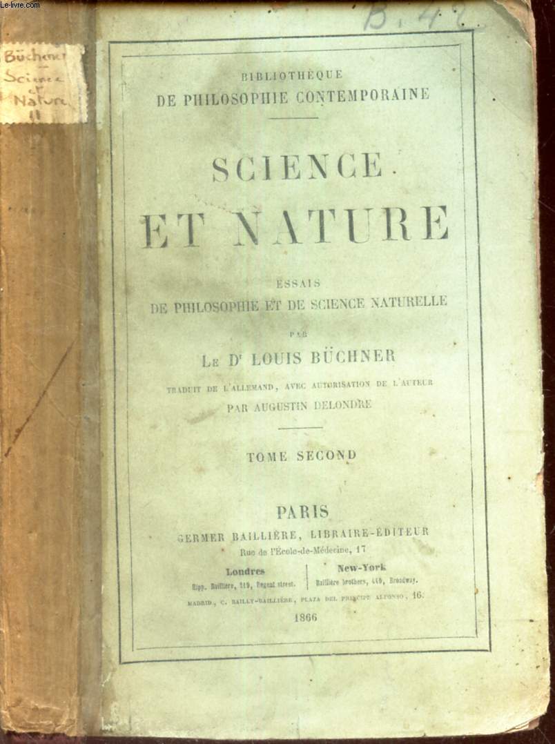 SCIENCE ET NATURE - Essais de philosophie et de Science Naturelle. TOME SECOND